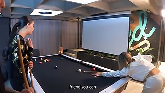 Three Stunning Brunettes Indulge In Lesbian Sex On A Pool Table