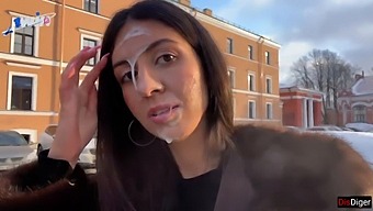 A Stunning Woman Strolls In Public With Semen On Her Visage, Receiving A Substantial Gratuity From An Unknown Individual - Cumwalk